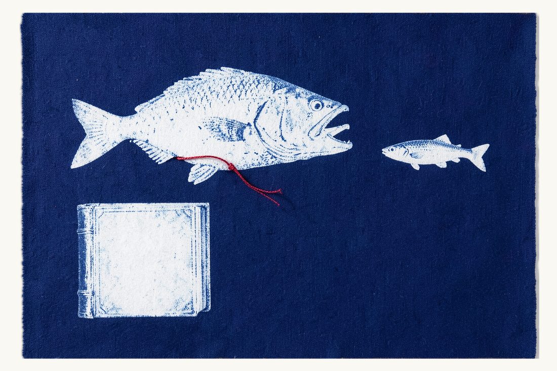 Competition and antitrust law in Türkiye: a huge open-mouthed fish kept back from three small fish by a red thread tied to a book, cyanotype print