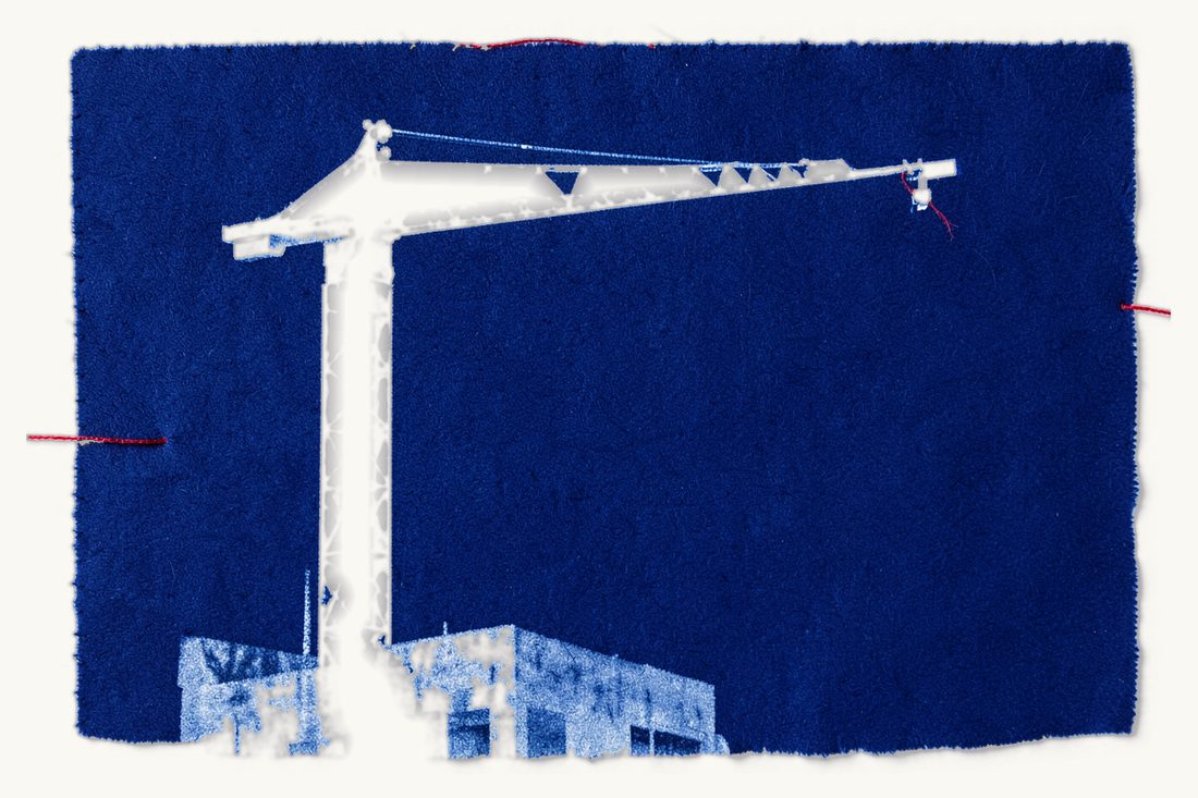 Construction and zoning law for foreign parties in Türkiye: a tower crane lifting a steel beam on a red thread over an unfinished building frame, cyanotype print