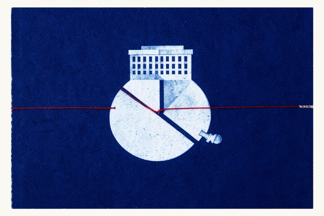 Buying into a Turkish company: an office block standing on a sliced disc, one wedge pulled out and tied by a red thread to a chess pawn, cyanotype print