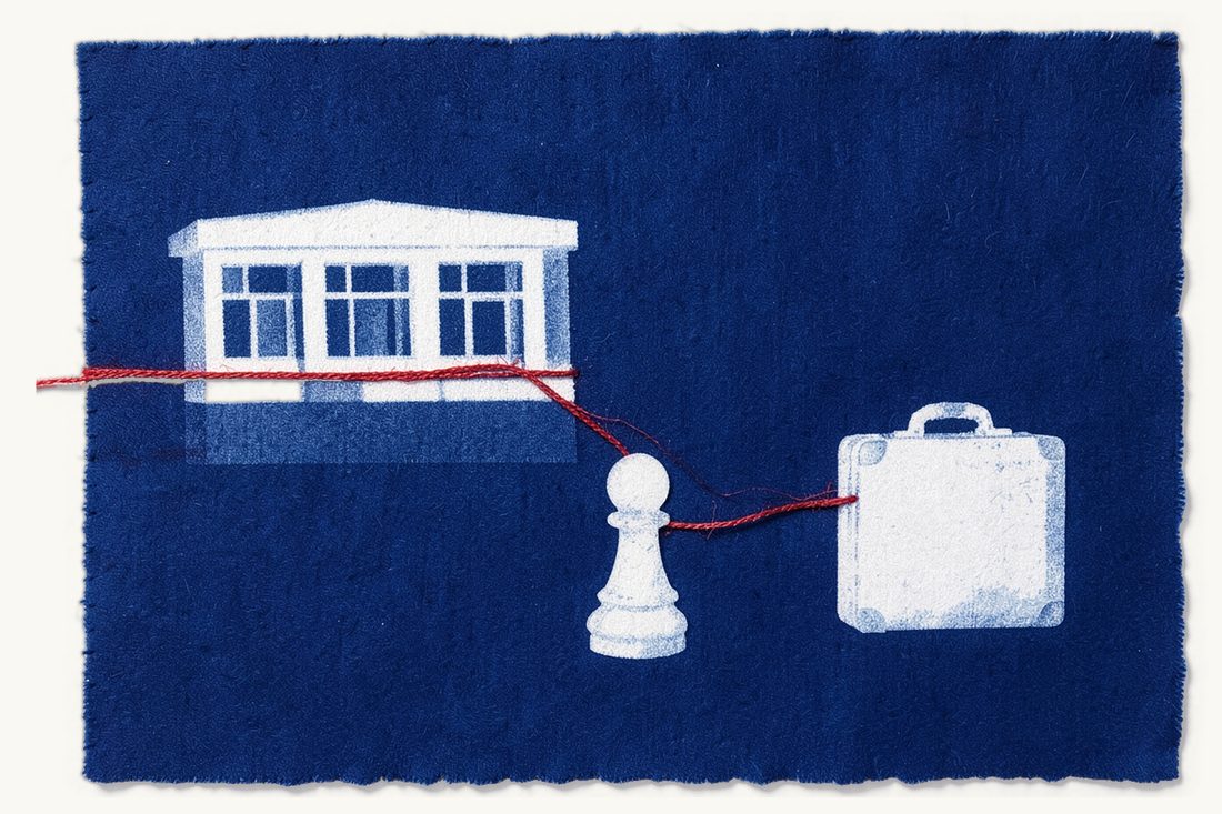 Share deal or asset deal when buying a Turkish business: a whole office block wrapped in red thread on one side and a single small suitcase on the other, a chess pawn between them, cyanotype print