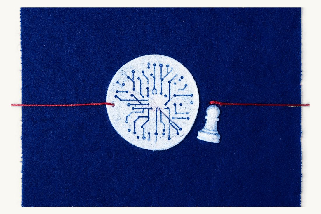 Crypto and blockchain law in Türkiye: a large round token patterned with circuit lines, tied to a chess pawn by a red thread, cyanotype print