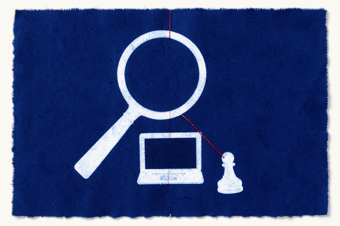 Licensing a crypto-asset service provider: a large magnifying glass held over a small laptop with a dark blank screen, a red thread leading to a chess pawn, cyanotype print
