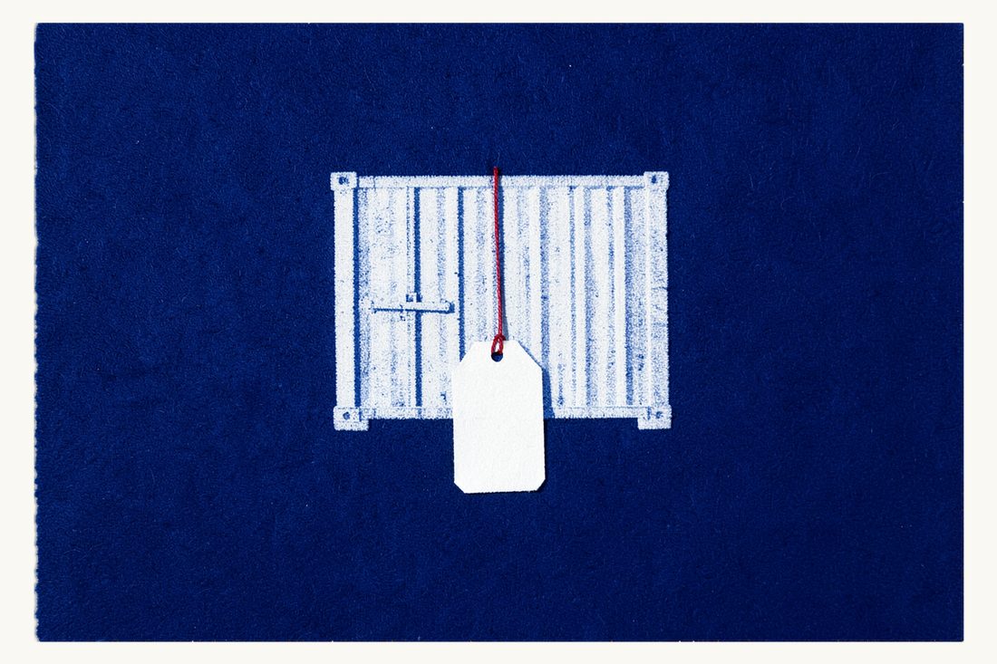 Customs valuation of imported goods: a single shipping container with a large blank price tag hanging from it on a red thread, cyanotype print