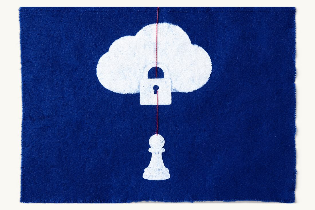 Personal data protection under KVKK in Türkiye: a closed padlock hanging beneath a large cloud, a red thread leading down to a chess pawn, cyanotype print