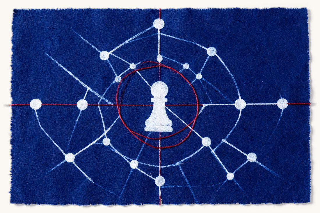 Personal data protection under KVKK in Türkiye: a web of linked circles with a chess pawn at its centre inside a protective red-thread circle, cyanotype print