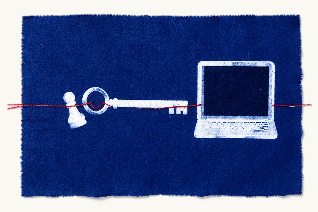 Explicit consent to processing personal data: a large old key whose ring is threaded by a red line from a small chess pawn to a laptop with a dark screen, cyanotype print