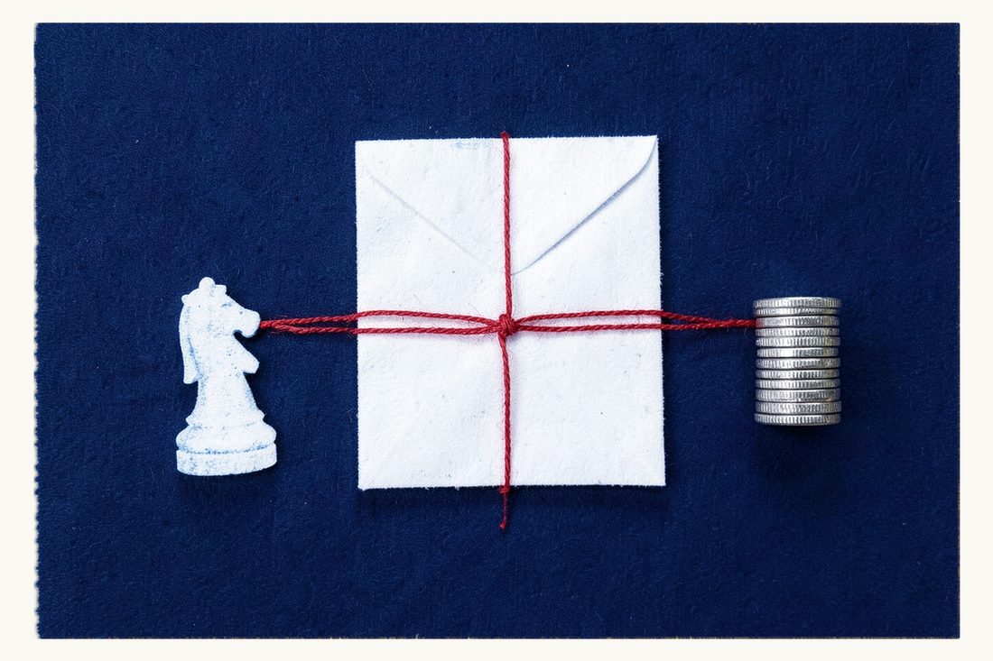 Recovering money owed in Türkiye through formal enforcement: a large blank closed envelope bound with a red thread in two loops, the thread leading to a small chess knight, a short stack of coins beside it, cyanotype print