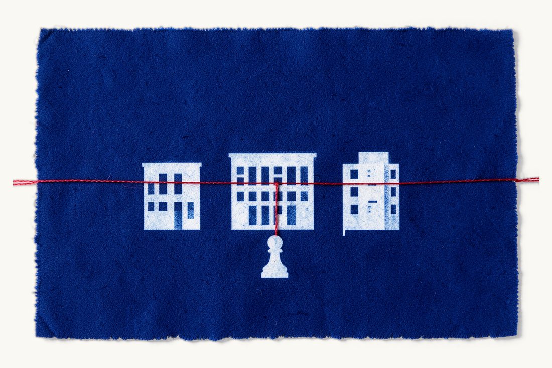 How the Turkish enforcement system is built from three institutions: three low office blocks of different heights in a row joined by one red thread, a small chess pawn standing in front, cyanotype print