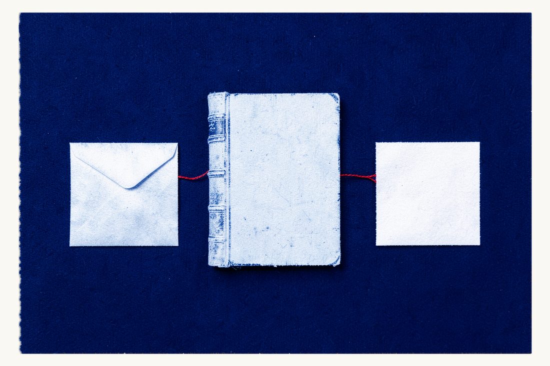 How the Turkish enforcement system is built from three institutions: a thick antique book between a closed envelope and a document folder, one red thread linking all three in turn, cyanotype print