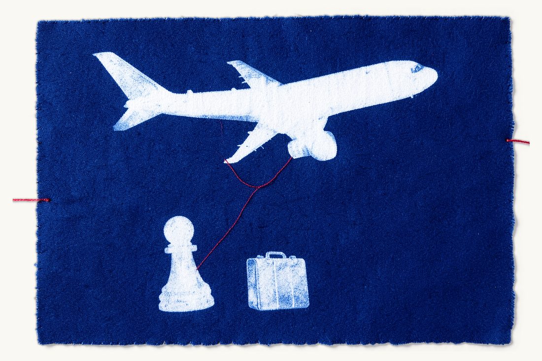 Deportation from Türkiye and the entry ban that follows: a passenger airplane climbing away above a small chess pawn and a suitcase tied to it by a red thread, cyanotype print