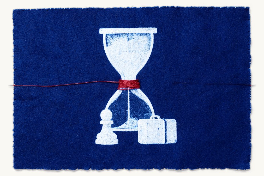 Filing a deportation challenge in time suspends removal: a red thread wound tight around the waist of a large hourglass, a pawn and suitcase waiting at its foot, cyanotype print
