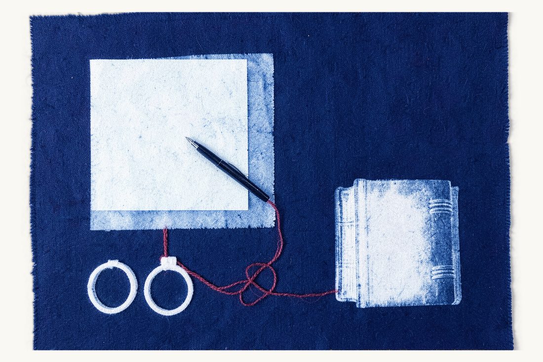 Choosing between uncontested and contested divorce: from two wedding rings a red thread forks, short and straight to a blank sheet and pen, long and knotted to a thick book, cyanotype print