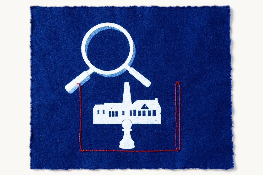Occupational health and safety duties of employers in Türkiye: a large magnifying glass over a factory with a chimney, a chess pawn at its foot, a red thread drawing a rectangle around the factory, cyanotype print