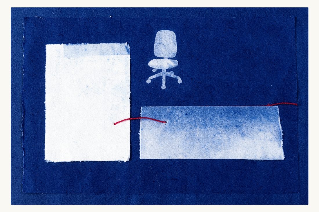 Indefinite and fixed-term employment contracts: two blank sheets, the red thread knotted short on one and running past the edge on the other, an office chair behind, cyanotype print