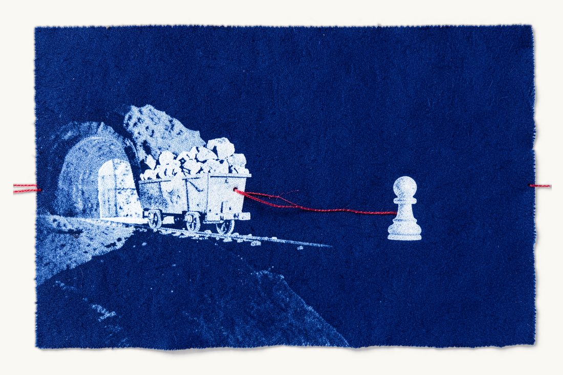 Mining exploration and operation licences in Türkiye: a mine cart heaped with ore at a tunnel mouth, a red thread running along the track to a small pawn, cyanotype print