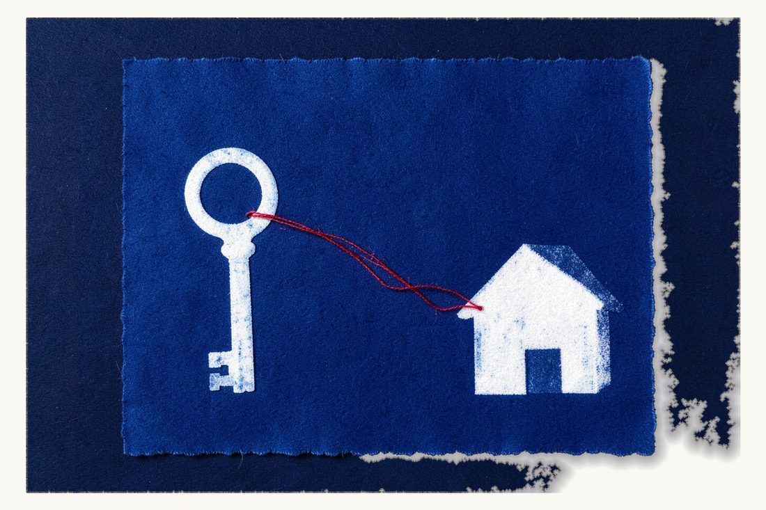 What a title check at the Turkish Land Registry covers: a large old key lying on a blank sheet, a red thread looped through it to a small house, cyanotype print