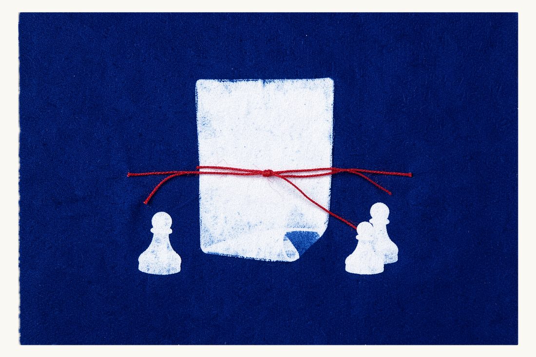 Turkish inheritance for foreign heirs: a large rolled blank scroll tied with the red thread, its end splitting into three strands that reach three small pawns of descending size, cyanotype print