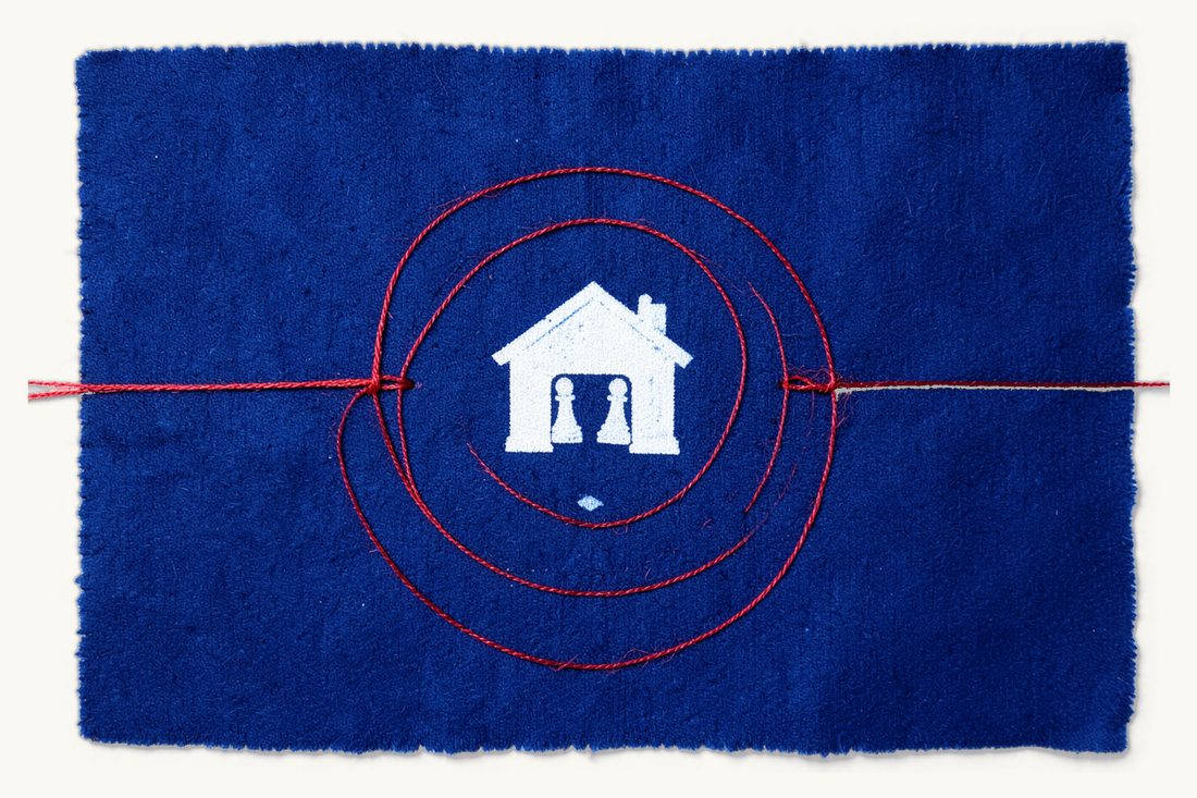 Statutory heirs and degrees of succession: the red thread laid in three concentric rings around a small house, two pawns in the inner ring and one alone in the outer ring, cyanotype print