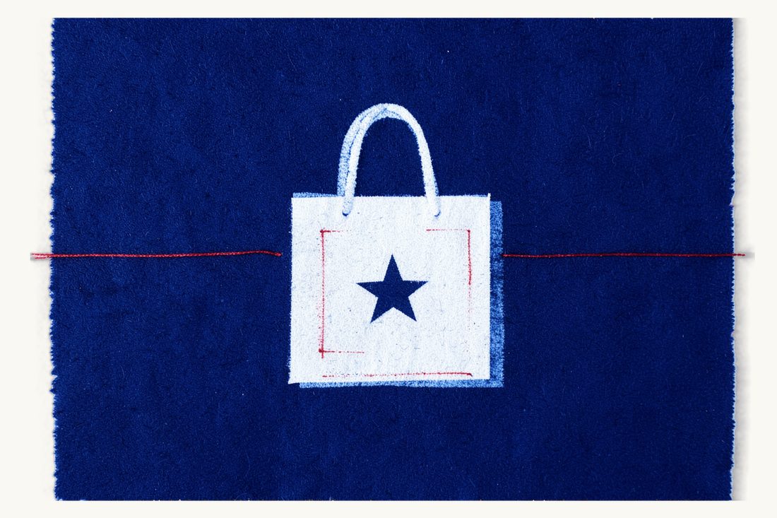 Trademark registration before TÜRKPATENT: a large plain shopping bag bearing only a simple star symbol, the red thread drawing a neat square frame around the star, cyanotype print