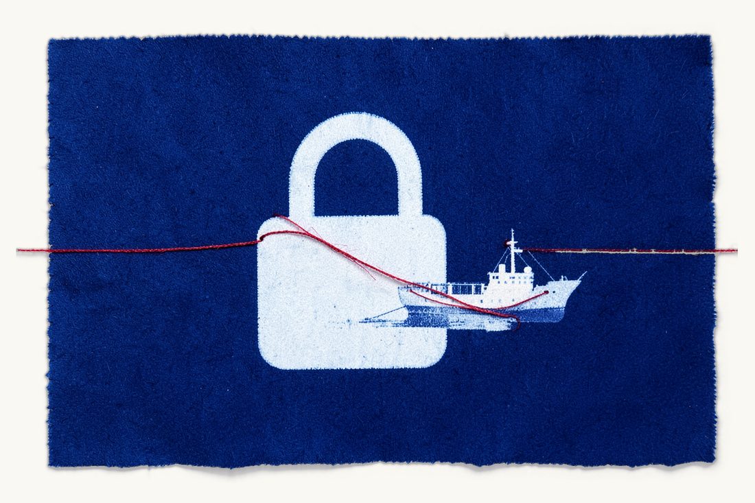 Ship arrest in a Turkish port: a large padlock with the red thread running taut from its shackle like a mooring line to the bow of a small cargo ship, cyanotype print