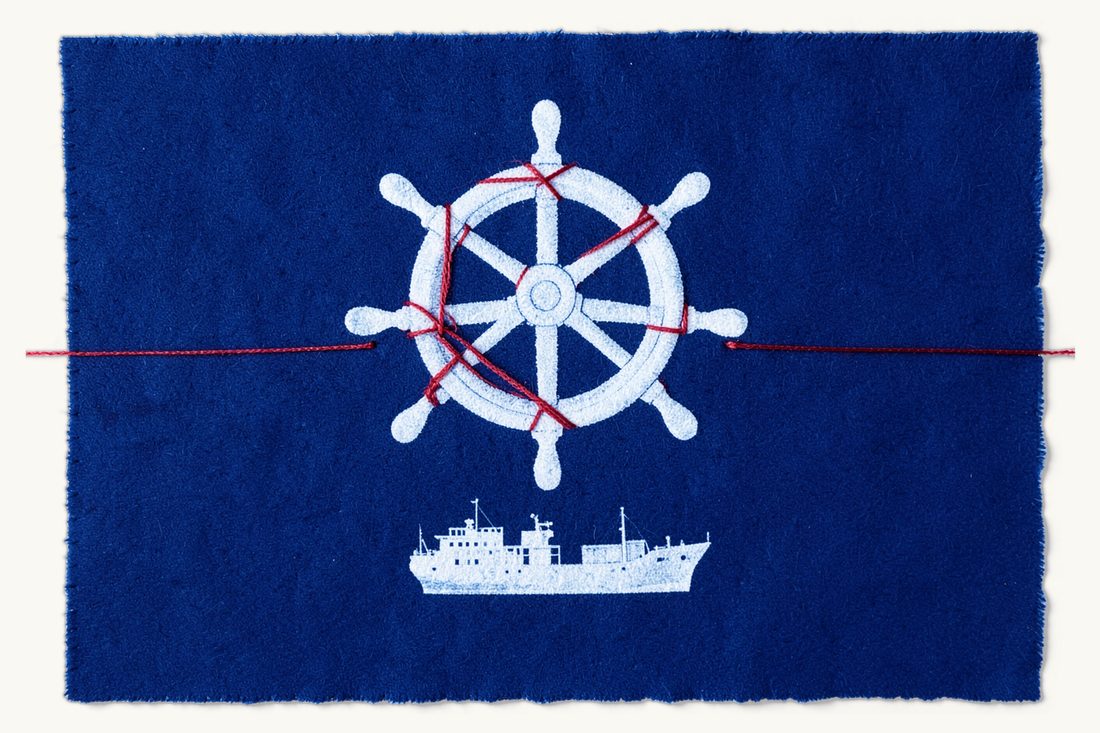 Ship arrest in a Turkish port: a large ship's steering wheel bound tight and knotted with the red thread so it cannot turn, above a small motionless cargo ship, cyanotype print