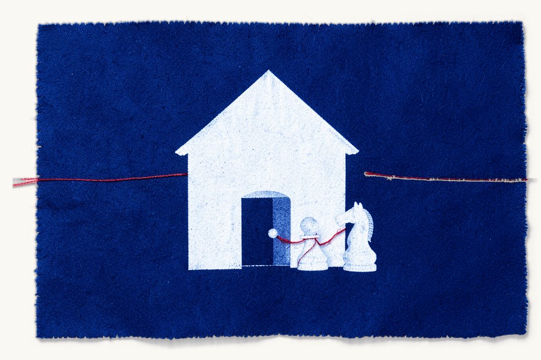 A foreign buyer's own lawyer in a Turkish property purchase: a large house with a pitched roof, a small pawn at its door with a knight beside it, joined by the red thread, cyanotype print