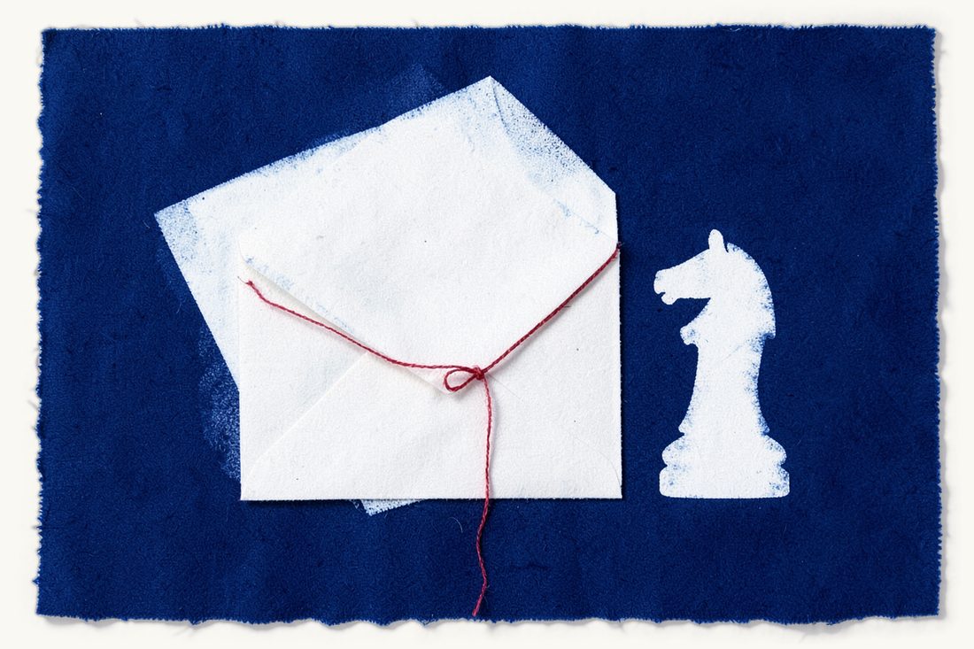 Finality annotation and apostille for a foreign judgment in Türkiye: a closed envelope with blank sheets fanned behind it, a chess knight at the right, a red thread tied around the envelope like parcel string, cyanotype print