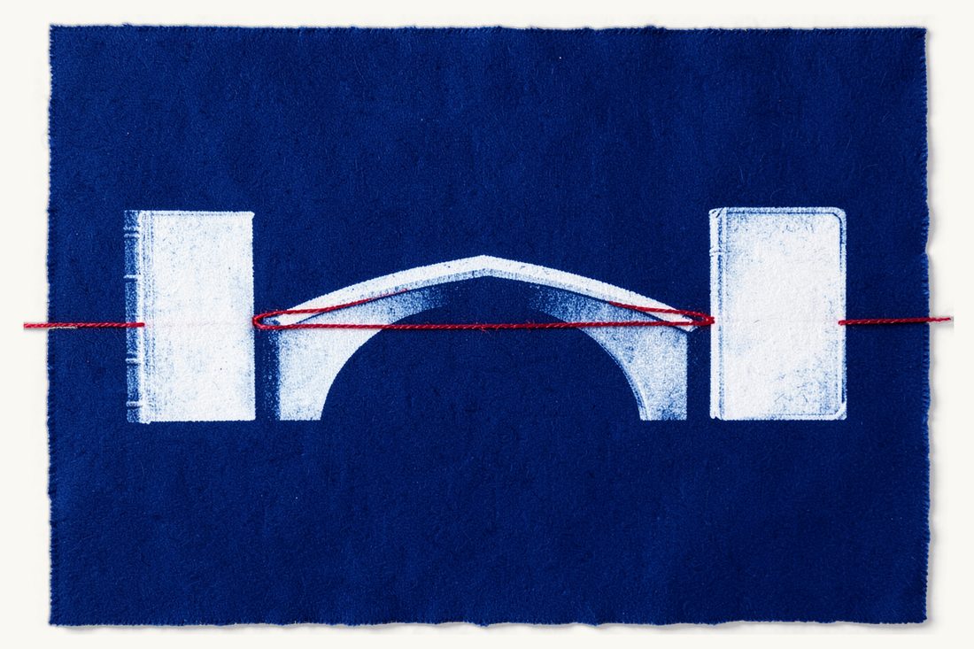 Recognition and enforcement of foreign judgments in Türkiye: a simple arched bridge spanning two thick antique books, the red thread running over it from one book to the other, cyanotype print