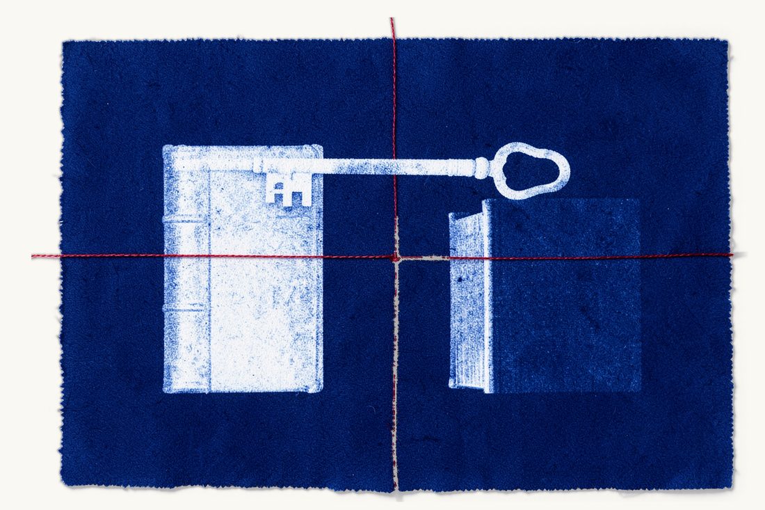 Recognition and enforcement of foreign judgments in Türkiye: a large old key laid like a bridge between two thick antique books, tied to the far book with the red thread, cyanotype print