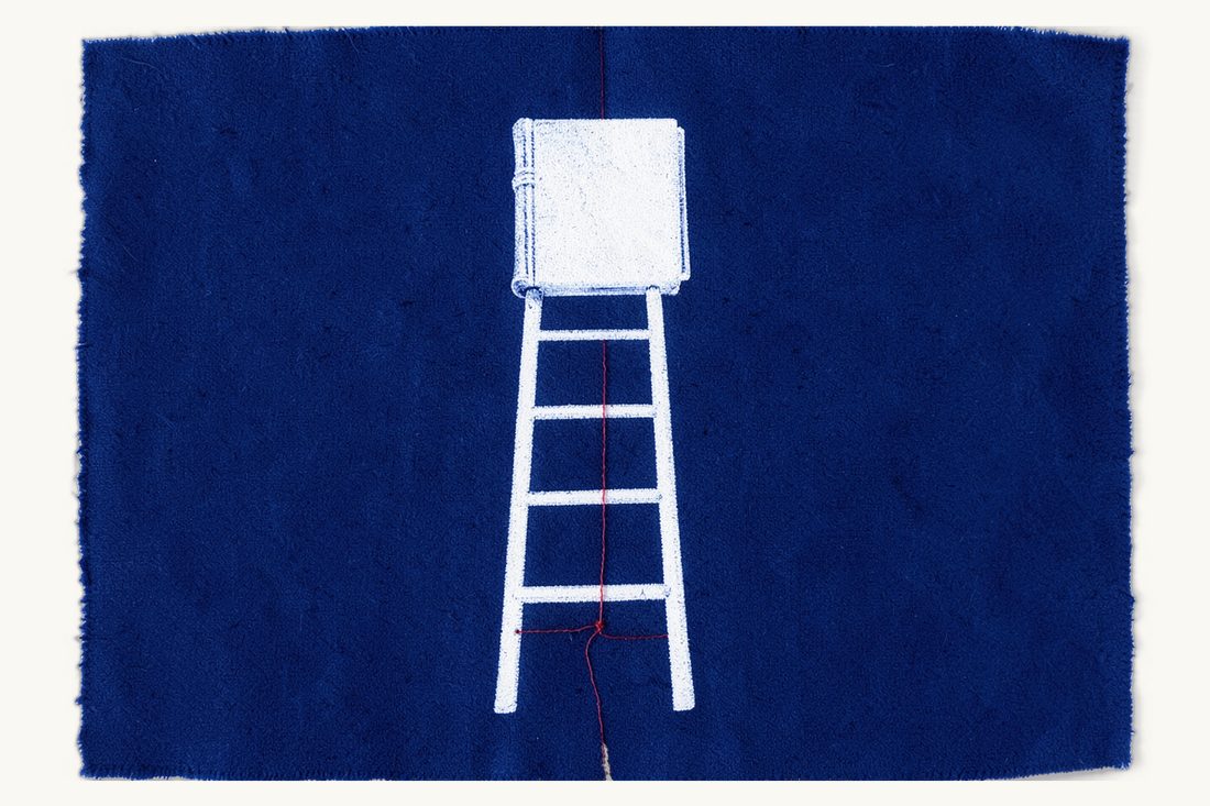 Conditions to enforce a foreign court judgment: a tall ladder with four rungs, a thick antique book on the top rung, a red thread climbing with one knot per rung, cyanotype print