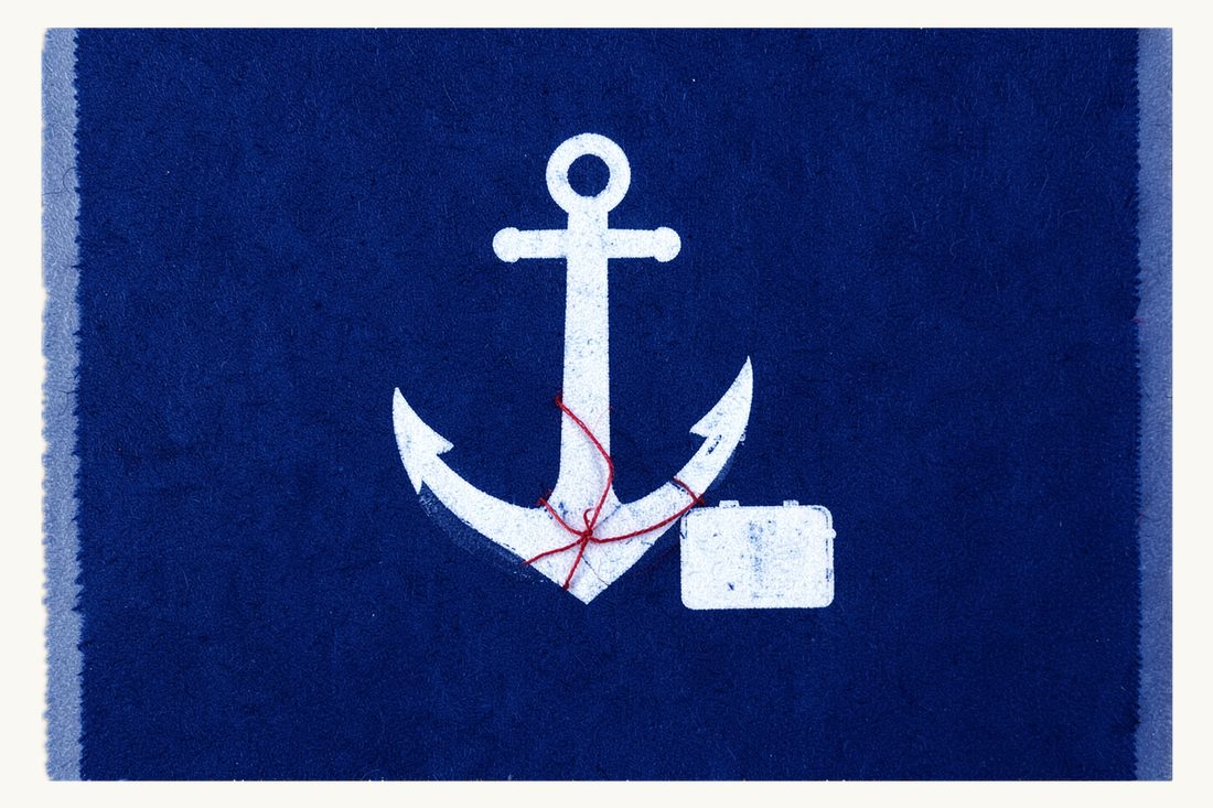 Long-term residence permit with no annual renewals: a large anchor dug into the ground, its red thread tied to a white chess pawn beside a closed suitcase, cyanotype print