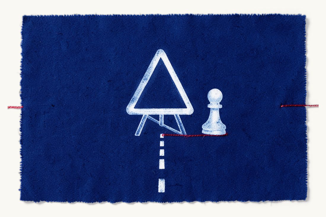 Claiming after a road traffic accident in Türkiye: a large roadside warning triangle on a road with a dashed centre line, a white chess pawn and a red thread leading to it, cyanotype print