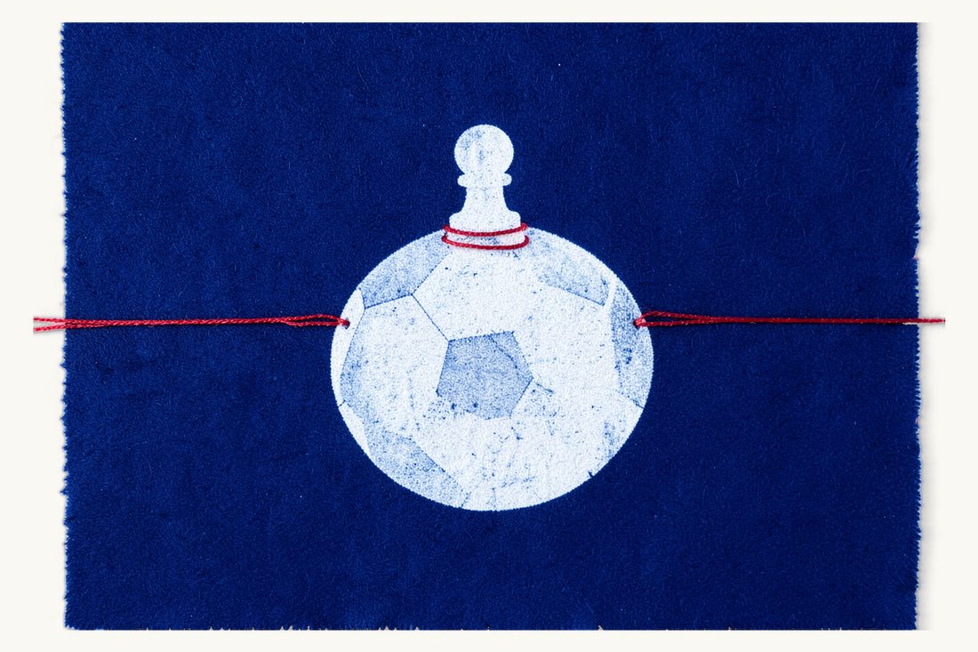 Sports law in Türkiye for players and clubs: a large football filling the frame, a white chess pawn standing on top of it and a red thread tied around the ball, cyanotype print