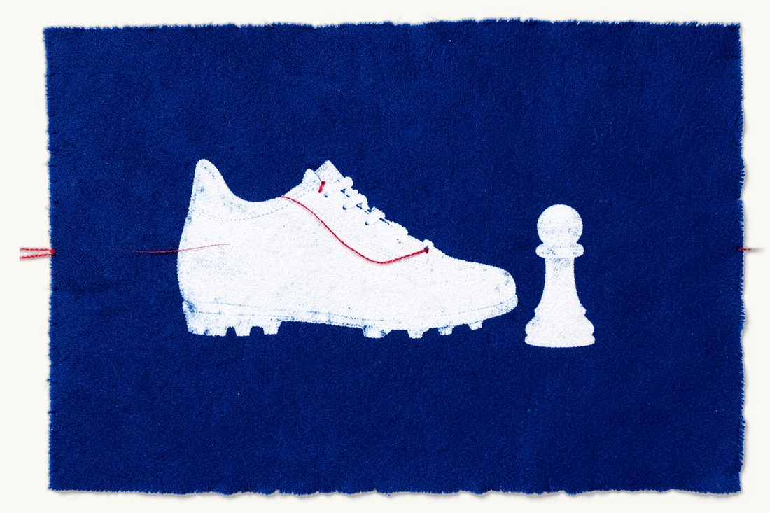 Sports law in Türkiye for players and clubs: a large plain football boot with studs, a red thread laced through it and leading to a white chess pawn, cyanotype print