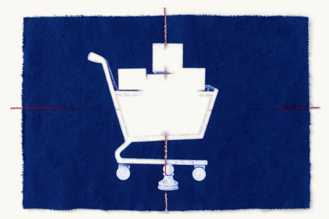 VAT on goods and services sold in Türkiye: a large shopping cart full of plain boxes, one extra box tied on top with a red thread that leads to a white chess pawn, cyanotype print