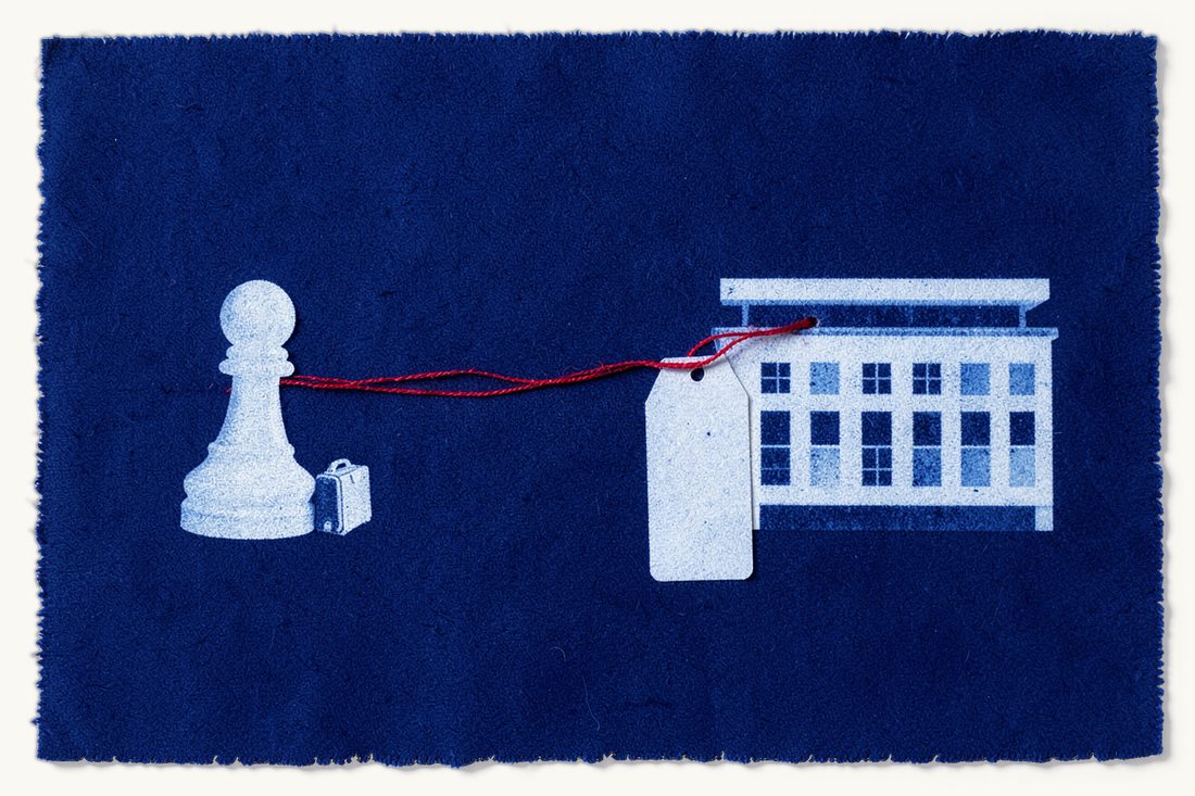VAT and the reverse charge on services from abroad: a red thread from a white chess pawn with a suitcase to an office block, a large blank price tag hanging near the office, cyanotype print