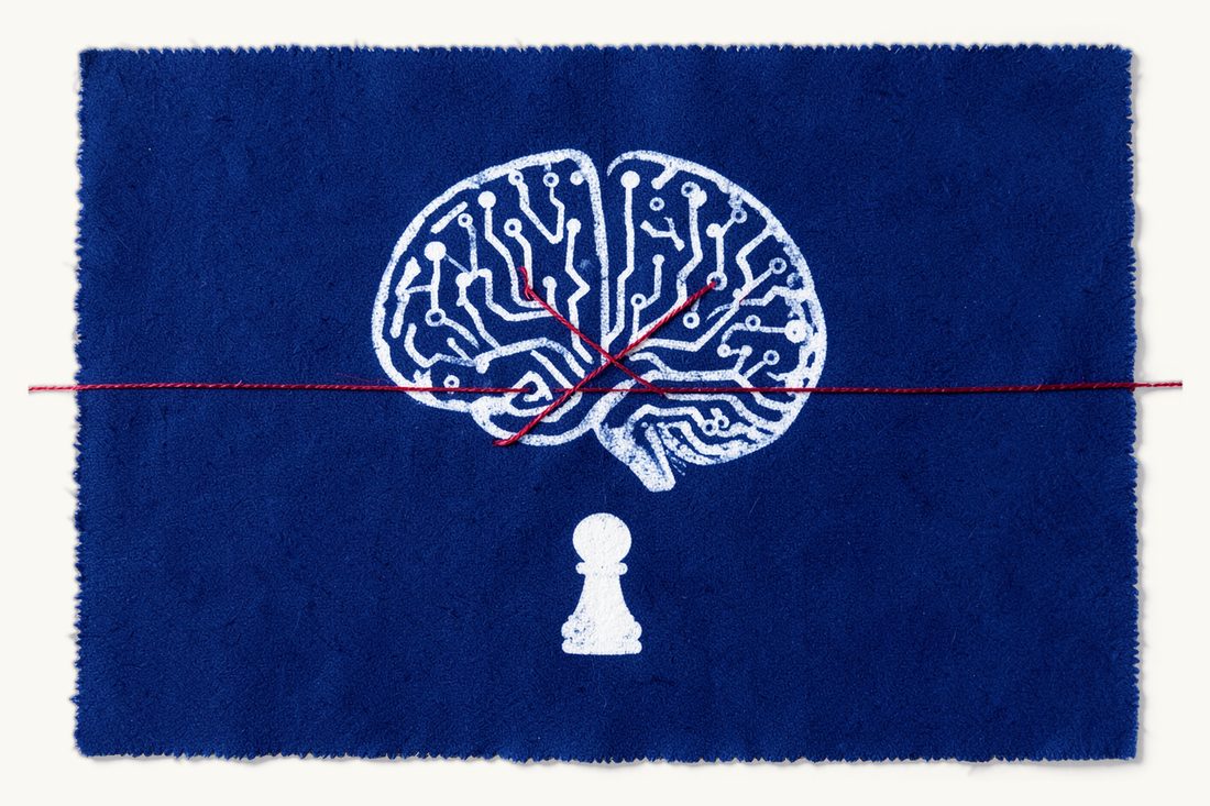 Technology, AI and cybersecurity law in Türkiye: a large stylised brain drawn entirely in circuit-board traces, a red thread wound around it and a white chess pawn below, cyanotype print
