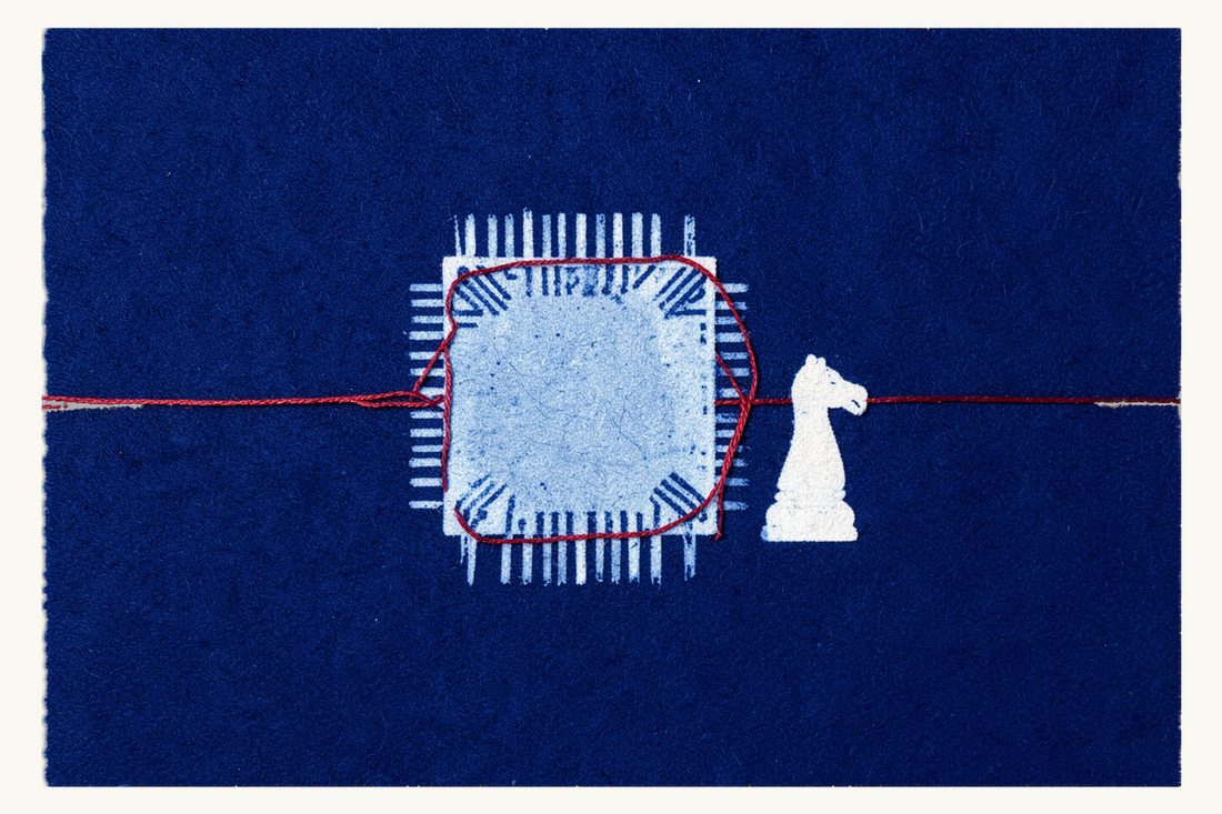 Technology, AI and cybersecurity law in Türkiye: a large microchip with circuit traces, encircled by a protective red thread, with a white chess knight beside it, cyanotype print