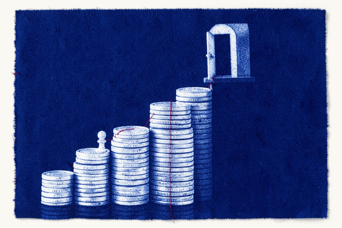 Turkish citizenship by investment: a large staircase of three silver coin stacks rising to a small half-open door, a white chess pawn climbing it along a red thread, cyanotype print