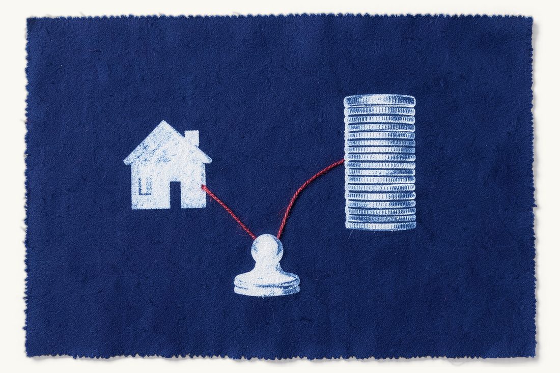 Choosing between the property route and the bank deposit route: a red thread branching from a white chess pawn to a house and to a tall stack of silver coins, cyanotype print