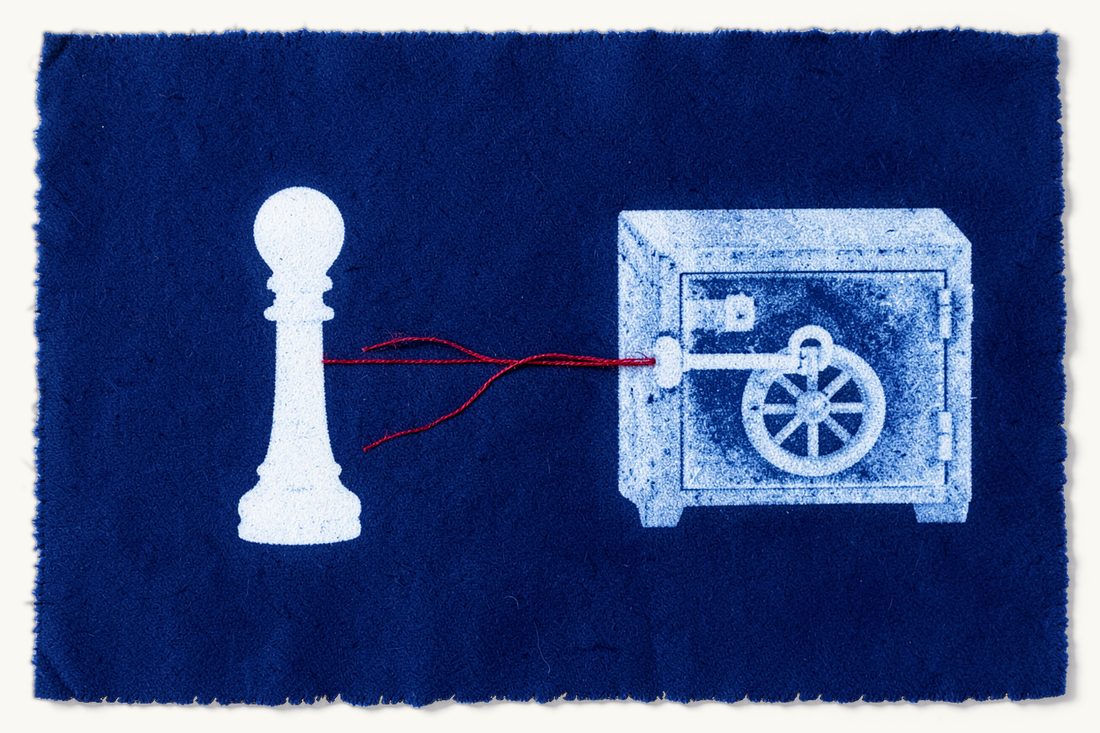 Choosing between the property route and the bank deposit route: a red thread splitting from a white chess pawn toward a large old key and a plain strongbox, cyanotype print